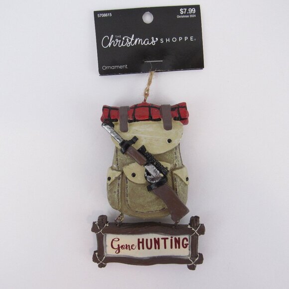 Gone Hunting Backpack Ornament Resin Christmas Red & Black Plaid Blanket - Picture 1 of 12